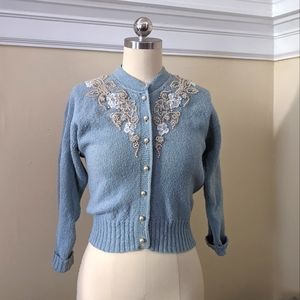 VINTAGE 1950s Light Blue Wool Cardigan Sweater with Beadwork!